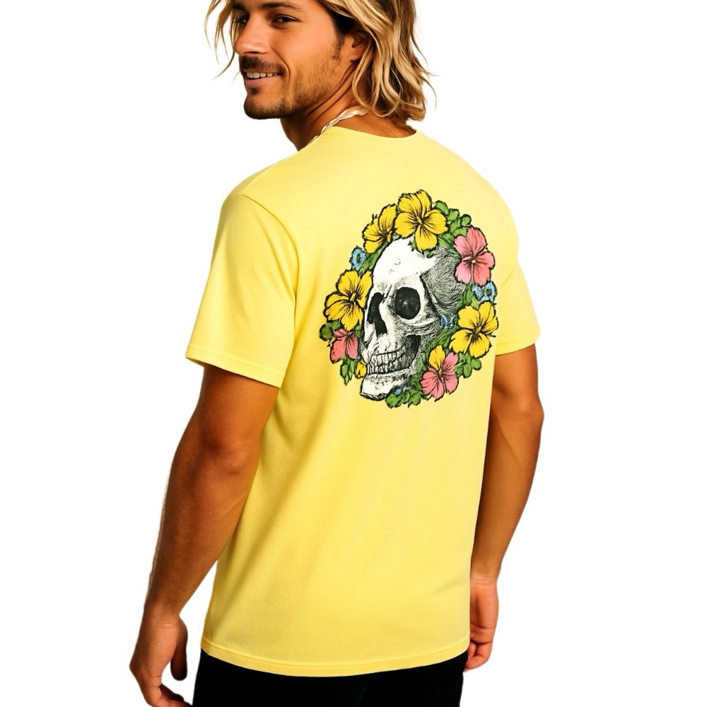 Originals Mens Yellow Cotton T-Shirt Sugar Skull Flowers Day of Dead Skater Surf